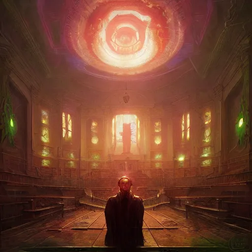 Image similar to eldritch legislature, fantasy, realistic colorful photography, interior, hyperrealism, otherworldly alien bioluminescence, award - winning photography, regal, rich colors, by greg rutkowski, lovecraftian