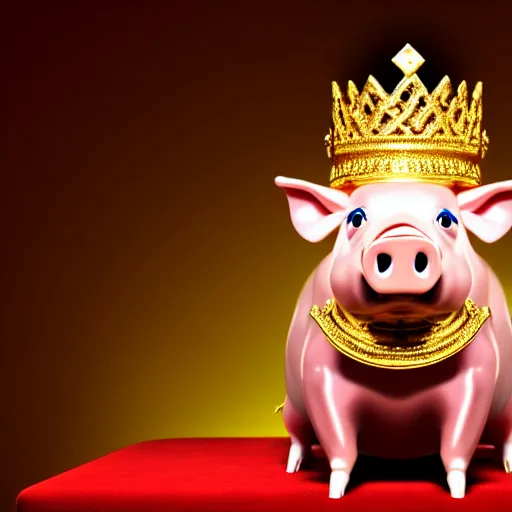 Prompt: pig wearing a gold crown sitting on a kings throne eating a pork rind 8k resolution, award winning, realistic, cinematic concept art