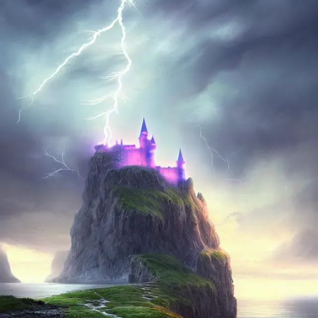 Prompt: epic professional digital art of Lightning striking a castle on a cliffside by the sea during a gloomy day in the Scottish highlands, soft pastel colours, best on artstation, breathtaking, epic, stunning, gorgeous, much detail, much wow, cgsociety, wlop, pixiv, behance, deviantart, masterpiece, UHD, 8K