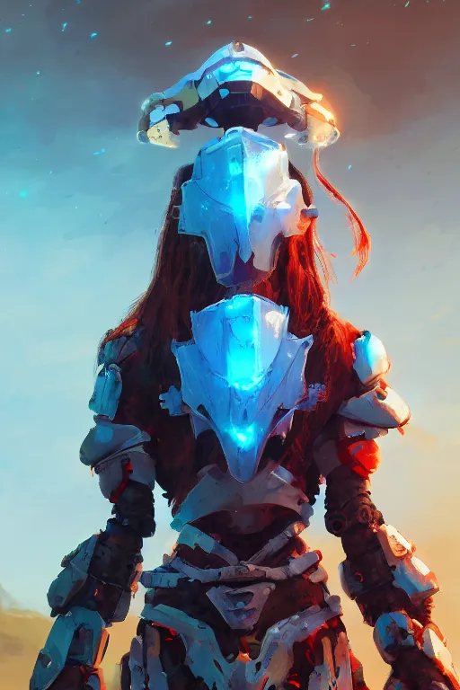 Image similar to combination suit armor aloy horizon forbidden west horizon zero dawn radiating a glowing aura global illumination ray tracing hdr fanart arstation by ian pesty and alena aenami artworks in 4 k tribal robot ninja mask helmet backpack