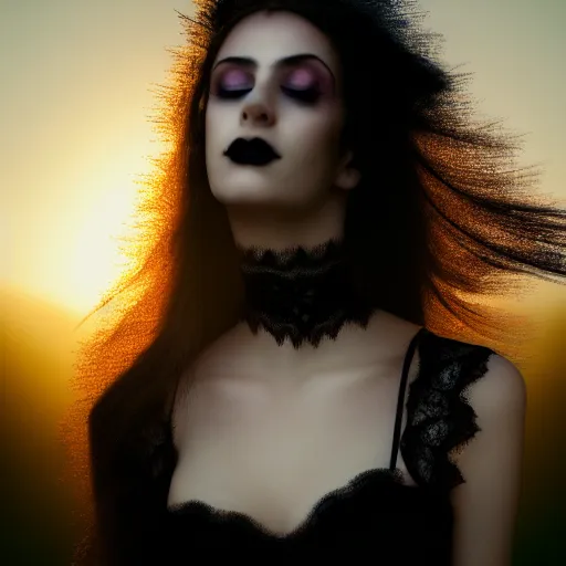 Image similar to photographic portrait of a stunningly beautiful gothic female with black lace choker in soft dreamy light at sunset, god rays, contemporary fashion shoot, by edward robert hughes, annie leibovitz and steve mccurry, david lazar, jimmy nelsson, breathtaking, 8 k resolution, extremely detailed, beautiful, establishing shot, artistic, hyperrealistic, beautiful face, octane render