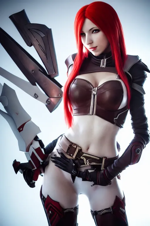 Image similar to Katarina from League of Legends shaking hands with Mercy from Overwatch, photorealistic full body, studio lighting, white ambient background, highly detailed