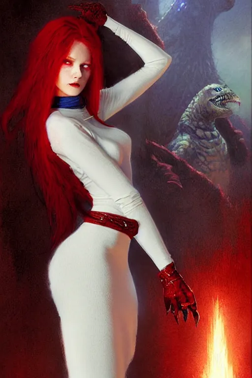 Prompt: beautiful vampire with red eyes and long red hair in a white woolen turtleneck dress, pointing at a small blue godzilla portrait dnd, painting by gaston bussiere, craig mullins, greg rutkowski, yoji shinkawa