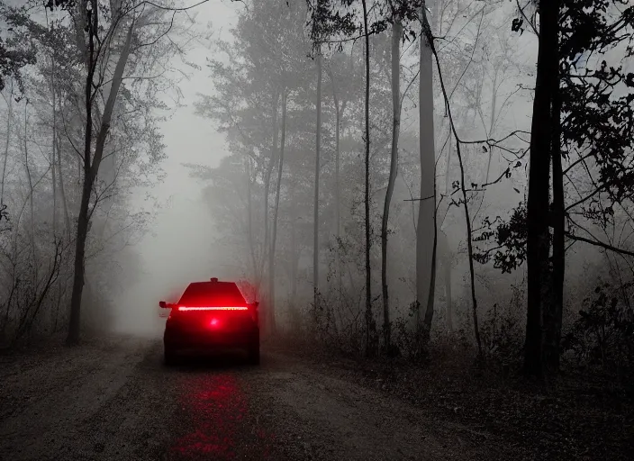 Prompt: car praked in the woods with red tail light. backlit. foggy night