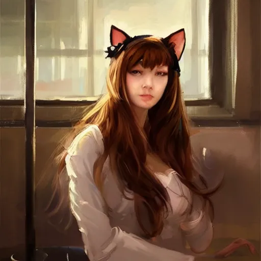 Image similar to Girl with cat ears in a chemistry lab, by WLOP, by Artgerm, by Michael Garmash, by Rob Rey, digital art, trending on artstation, beautiful lightning, atmospheric