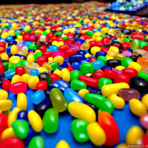 Image similar to Lego City overrun by thousands of jelly beans, old collection, verisimilitudinous