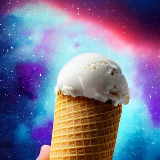 Image similar to an ice cream cone made completely of stars and nebulas, trending on art station, 4 k wallpaper