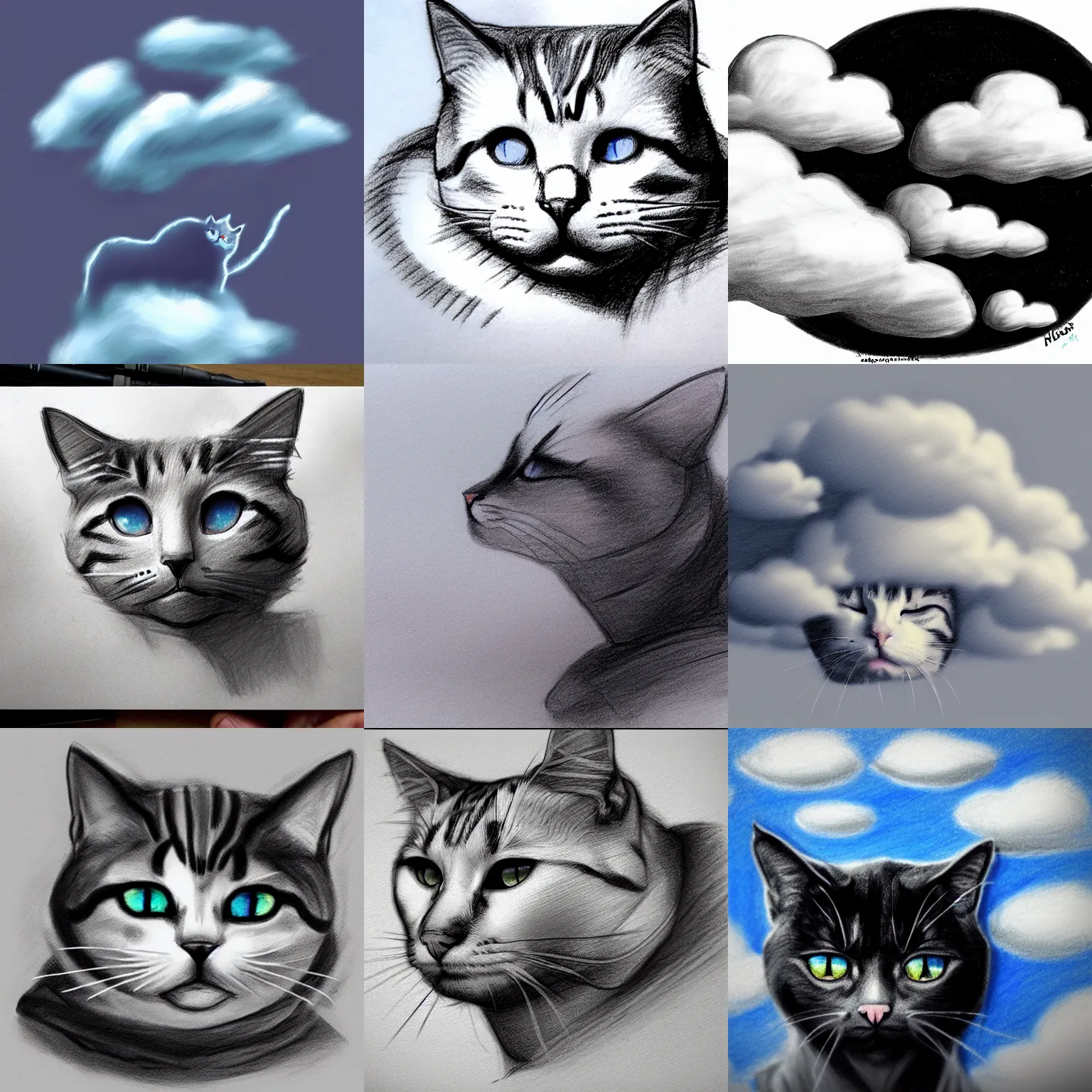 Prompt: clouds instead of a head, cat, drawing, concept art