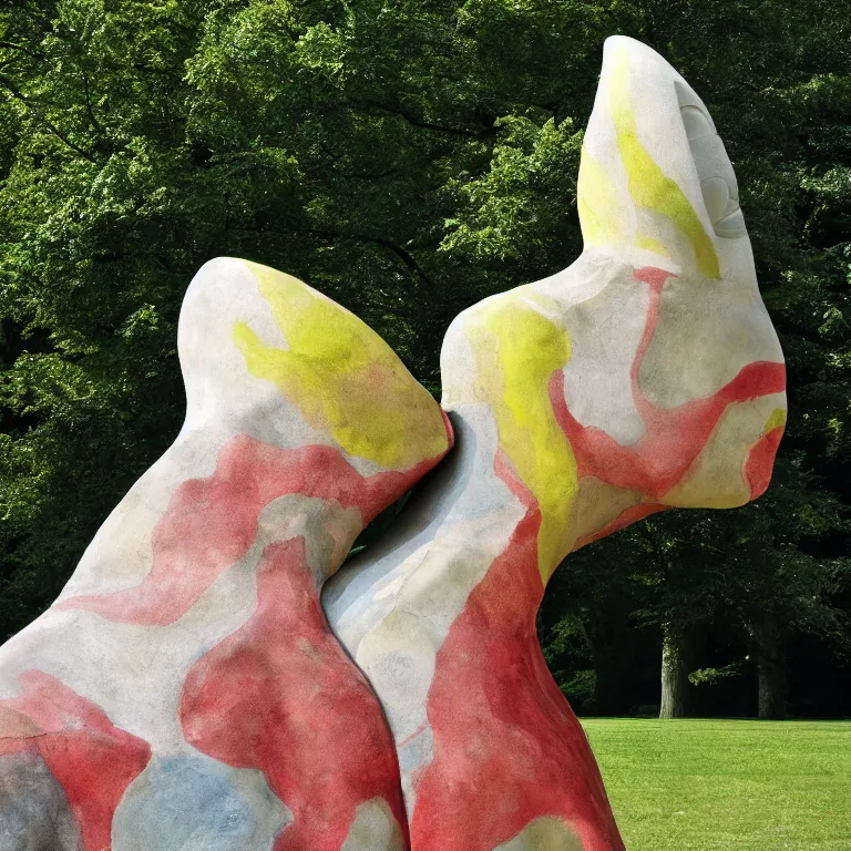 Prompt: Beautiful telephoto photograph of Monumental Sculpture of an insect head made out of Plaster and watercolor sculpted by Helen Frankenthaler and Henry Moore in Central Park, bright colors shocking detail trending on artstation