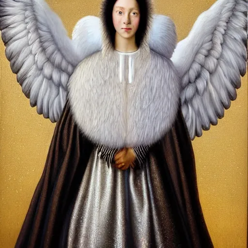 Image similar to highdetailed hyperrealistic painting of white angel in the hood!!!!, giant ball of miracle light from the chest!!!!!, 4 k hd fur face!!!, big wings, by jan van eyck, holography space, white sparkles everywhere, thin strokes, high textures, silver background