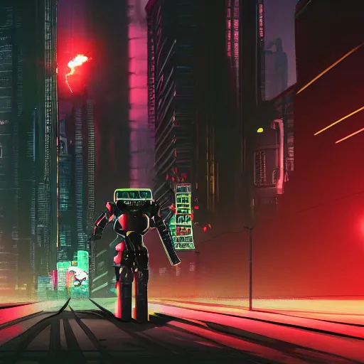 Prompt: a cyberpunk war robot patrolling streets in a dystopian metropolis at night