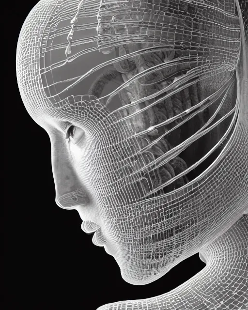 Image similar to mythical dreamy black and white organic bio-mechanical spinal ribbed profile face portrait detail of translucent steampunk mechanical beautiful female angelic-human-queen-realistic-cyborg, highly detailed, intricate crystal jelly ornate, poetic, 3D render, digital art, octane render, 8K artistic photography, photo-realistic, by Dora Maar