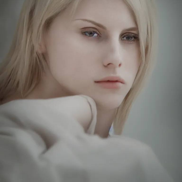 Image similar to cute annie leonhart in a white room, beautiful face, pale skin, rule of thirds, cinematic lighting, rainy weather, melancholy atmosphere, sharp focus, backlit, stunning, model agency, smooth, hard focus, full body shot, instagram photo, shot on sony a 7 iii, hyper realistic,