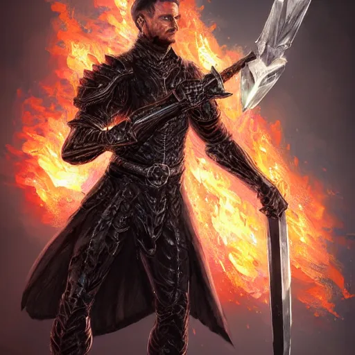 Image similar to a man in black-crystal armor surrounded by flames wielding a battle-axe made of black crystals. ,D&D, fantasy, elegant, hopeful, muscular, highly detailed, digital painting, artstation, concept art, smooth, sharp focus, illustration