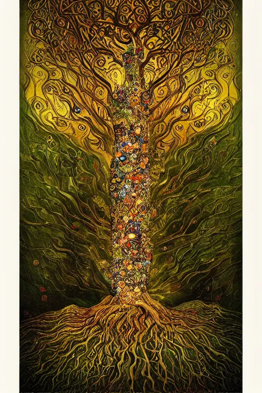 Image similar to Tree of Life by Karol Bak, Jean Deville, Gustav Klimt, and Vincent Van Gogh, mysterious, sacred geometry, Surreality, radiant halo, colorful jeweled leaves, otherworldly, enigma, fractal structures, celestial, arcane, ornate gilded medieval icon, third eye, spirals