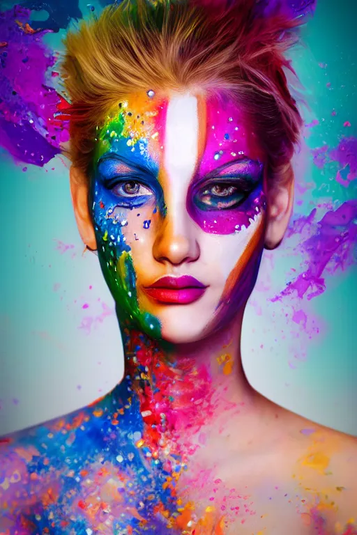 Prompt: hyper - realistic portrait of a gorgeous girl with vibrant colorful face paint, head to chest, smooth skin, porcelain skin, photorealism, intricate details, fantasy, volumetric lighting, bokeh background of colorful paint splash, painters dream, artstation, vector illustration, 4 k, 8 k