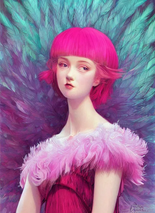 Image similar to beautiful teen girl with an eccentric pink haircut wearing an dress made of feathers, artwork made by ilya kuvshinov, inspired in donato giancola