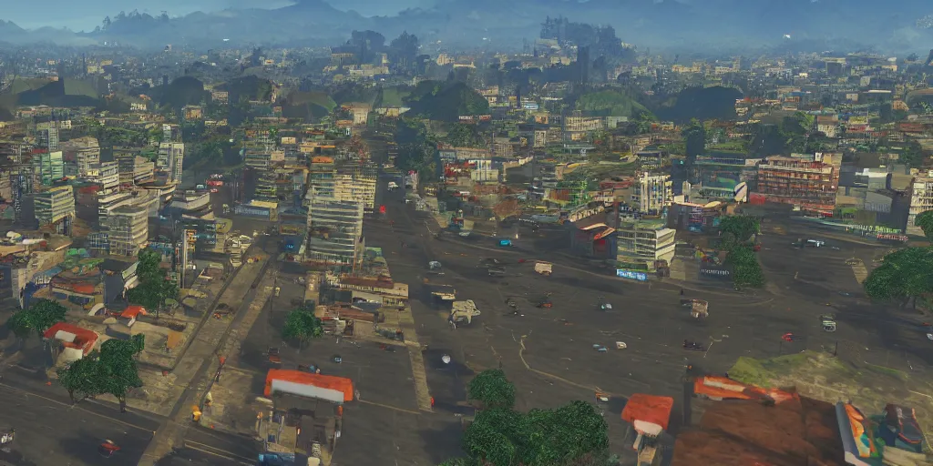 Image similar to guatemala city if it was a game like grand theft auto v first person view, head - up display with realistic visuals and award winning gameplay