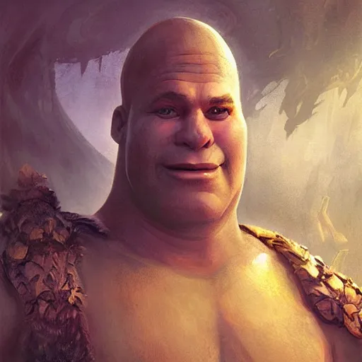 Image similar to shrek as an ancient mythological warrior deity, epic fantasy illustration, portrait, godly and ethereal, heavenly, by greg rutkowski