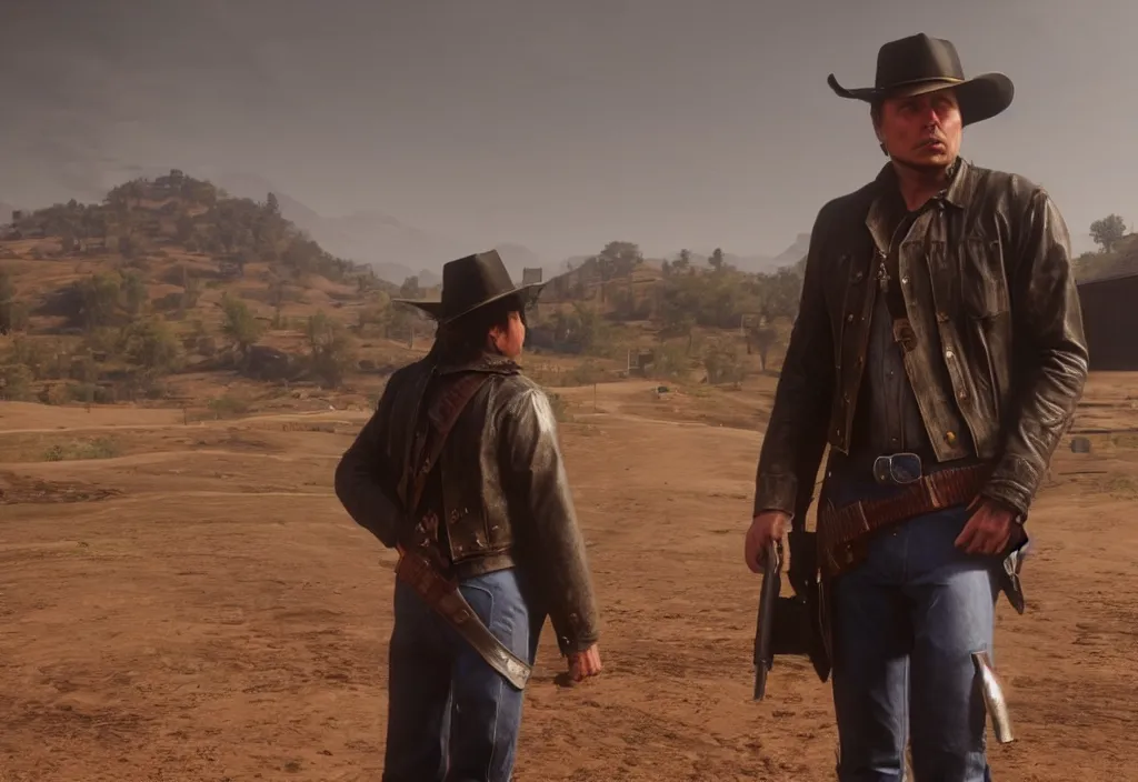 Image similar to elon musk in the red dead redemption 2, elon musk in the video game red dead redemption 2, gameplay screenshot, close up, 3 d rendering. unreal engine. amazing likeness. very detailed.