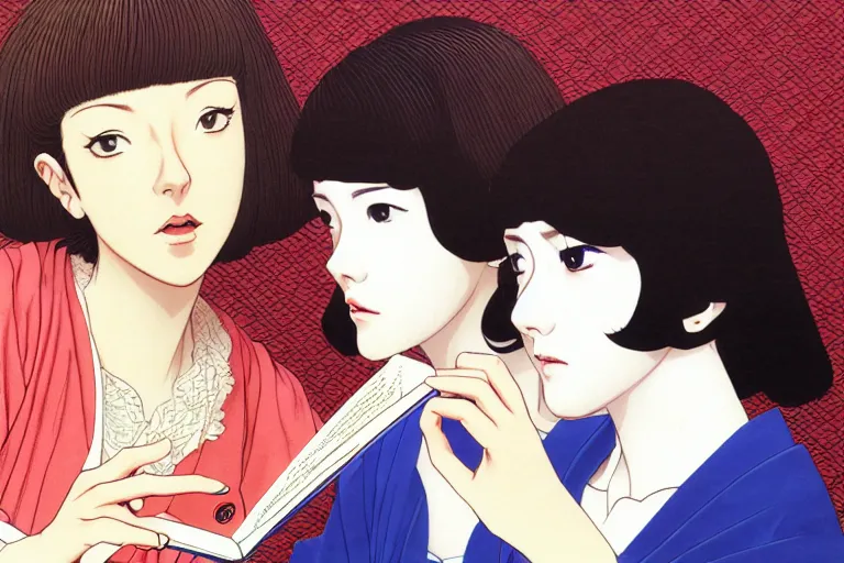 Prompt: portrait of two wise and very beautiful women discussing some texts appearing in a computer screen, art by satoshi kon, intricate, elegant, highly detailed, smooth, sharp focus, artstation