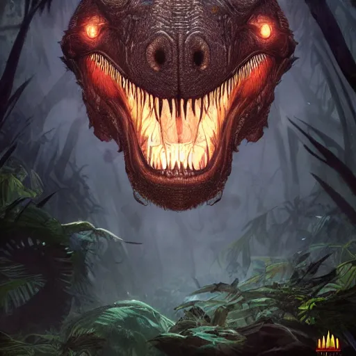 Image similar to T-Rex in jungle, portrait, dark fur, glowing eyes, magic the gathering artwork, D&D, fantasy, cinematic lighting, centered, symmetrical, highly detailed, digital painting, artstation, concept art, smooth, sharp focus, illustration, volumetric lighting, epic Composition, 8k, art by Akihiko Yoshida and Greg Rutkowski and Craig Mullins, oil painting, cgsociety