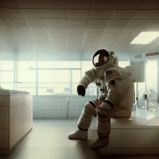 Image similar to a beautiful photo of an astronaut waiting in a laundromat, 1970', soft light, morning light, photorealistic, realistic, octane, 8k, cinematic shot