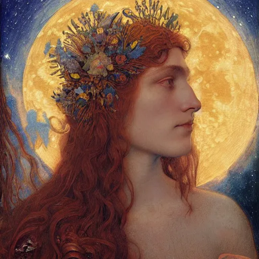 Image similar to queen of the moon with stars in her hair, by annie swynnerton and tino rodriguez and nicholas roerich and jean delville and donato giancola and tom bagshaw, dramatic lighting, floral tattoos, rich colors, smooth sharp focus, extremely detailed, adolf wolfli