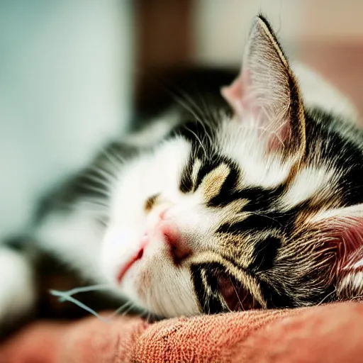 Image similar to portrait photo of a sleeping kitten, indoors, f 1. 4, golden ratio, rim light, top light, overcast day