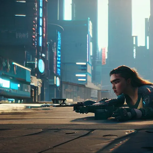 Prompt: florence pugh in cyberpunk 2 0 7 7, unreal engine 5 4 k, hyperdetailed photorealism