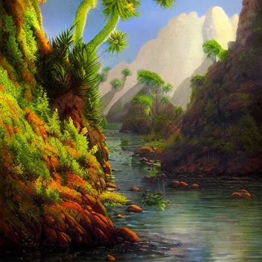 Image similar to painting of a lush natural scene on an alien planet by igor grabar. beautiful landscape. weird vegetation. cliffs and water.