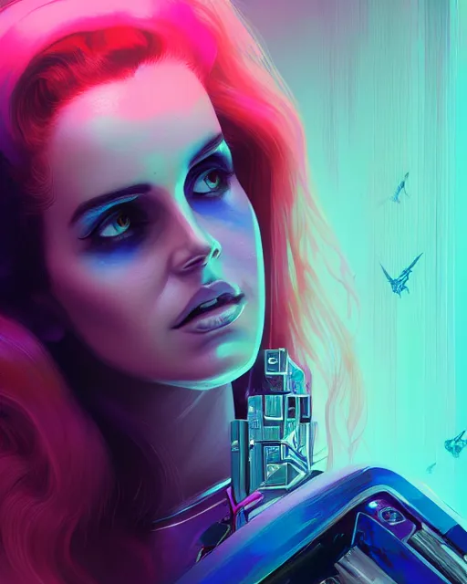 Image similar to portrait of lana del rey as a cyborg. realist abstract. key art. cyberpunk, blue and pink, intricate artwork. by tooth wu, wlop, beeple, dan mumford. 8 k octane render, trending on artstation, greg rutkowski very coherent symmetrical artwork. cinematic, hyperrealism, very detailed, iridescent accents