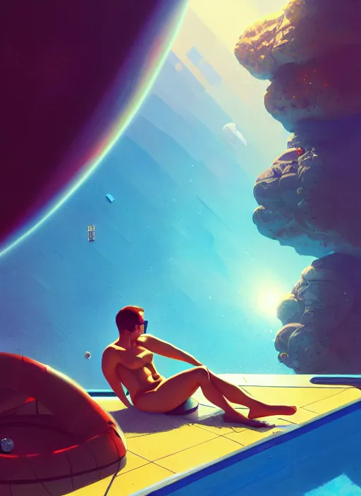 Image similar to an astronaut sunbathing by a pool, isometric, complimentary colors, perfect lighting, aesthetic, masterpiece, award winning, perfect composition, artstation, 4 k, darek zabrocki, greg rutkowski, artgerm