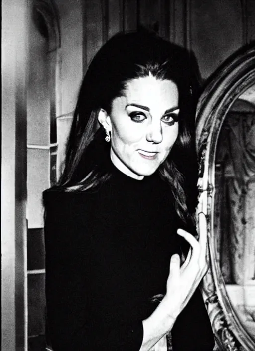 Image similar to candid photo of kate middleton as a gothic vampire in the 1980s, haunted house interior, ghostly figure, scary, 80s aesthetics,