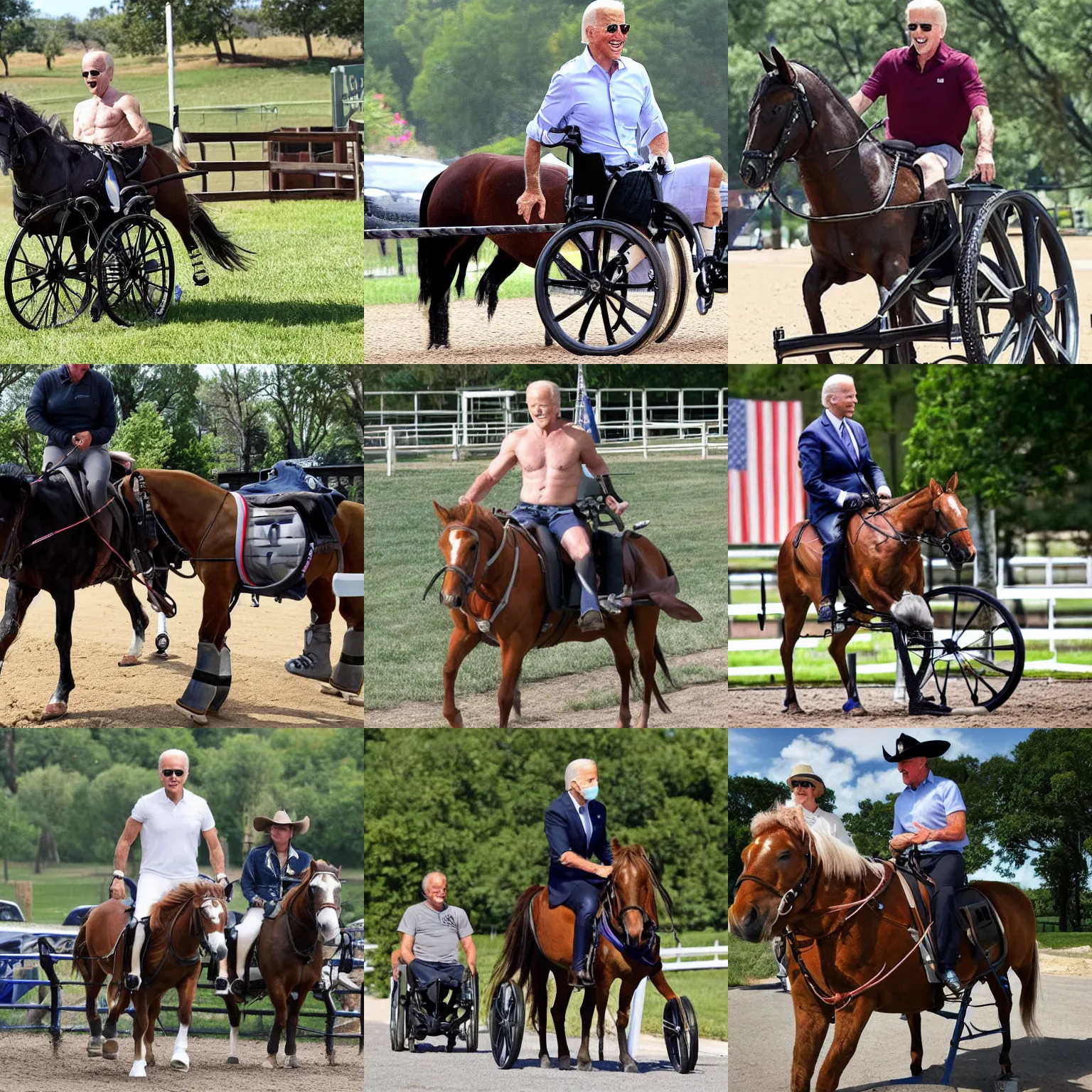 Prompt: shirtless joe biden riding a horse on a wheelchair