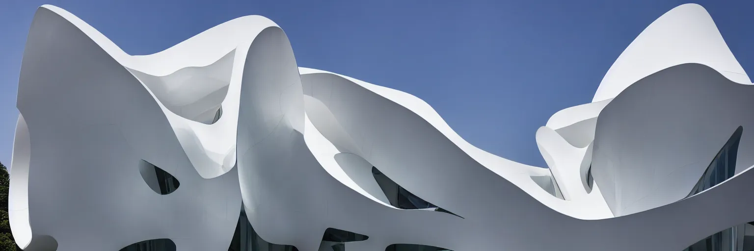 Prompt: photography of a white house designed by Zaha Hadid, frontal view, evening, architecture award winning, concept