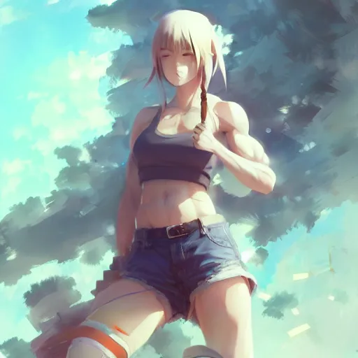 Image similar to anime girl in shorts with muscles, highly detailed, muscular, digital art, pixiv fanbox, artstation, by greg rutkowski, wlop, miyazaki hayao