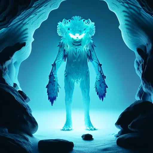 Image similar to ( ghost pokemon ) creature creature in a alaska cave, bioluminescent bioluminescent translucent translucent : : by michal karcz, daniel merriam, victo ngai and guillermo del toro : : ornate, dynamic, particulate, intricate, elegant, highly detailed, centered, artstation, smooth, sharp focus, octane render, 3 d