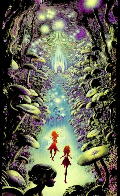 Prompt: stars in the sky, fairies with detailed faces, enchanted forest, mushrooms on the ground, psychedelic, wide angle shot, white background, vector art, illustration by frank frazetta