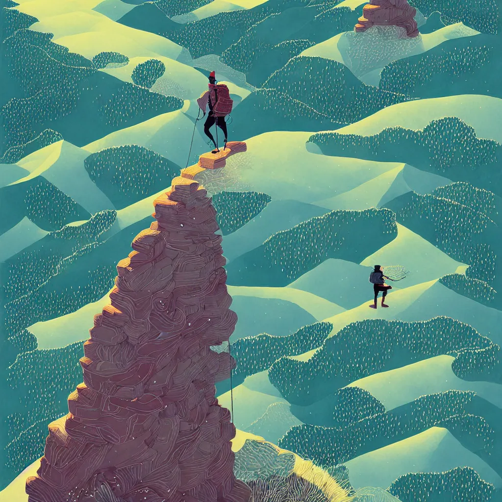 Prompt: backpacker on ridgeline in mountains by victo ngai