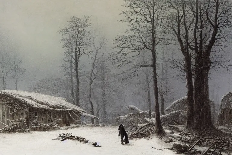 Image similar to A cloaked wanderer walking by the burnt husk of a cabin in a snowy landscape, matte oil painting, fantasy, exquisitely detailed, gothic, by Caspar David Friedrich and Makoto Shinkai