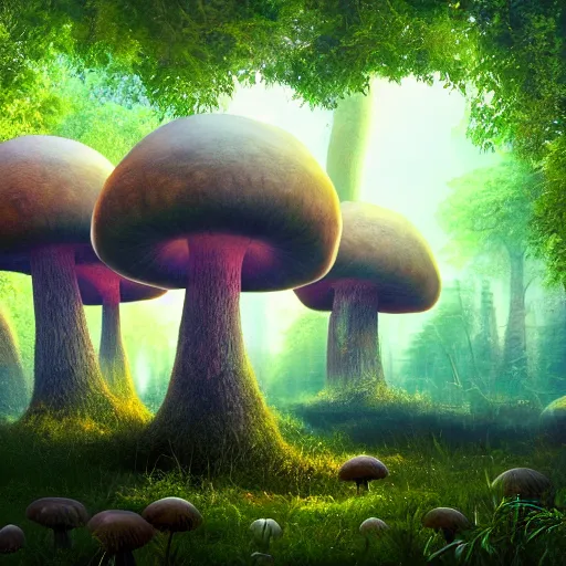 Image similar to giant mushroom forest, hyperrealistic, digital art, unreal engine, hyperdetailed, psychedelic, 4 k, 8 k, artstation, nature