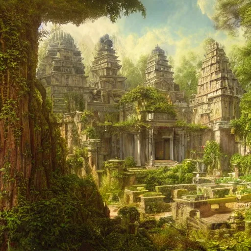 Prompt: a beautiful and highly detailed matte painting of a lost temple in a magical fantasy garden in a lush forest, intricate details, epic scale, insanely complex, 8 k, sharp focus, hyperrealism, very realistic, by caspar friedrich, albert bierstadt, james gurney, brian froud,
