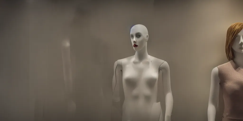 Image similar to a horror movie still in a mall of a mannequin that is painfully coming to life and is half alive, the background is misty, cinematic still, 4 k, dramatic, eerie, cinema lighting, low light