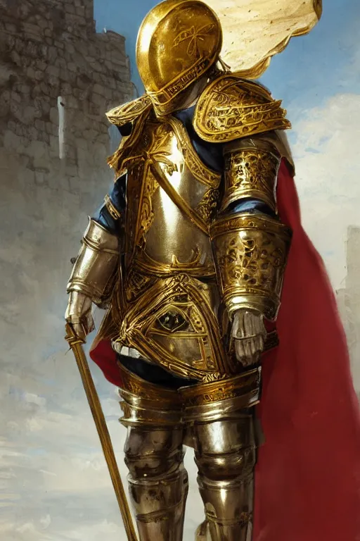 Prompt: man in decorated with gold in baroque style crusader armor, helmet and white cape with cross on it standing at the gates of jerusalem drawn by greg rutkowski realistic high detail