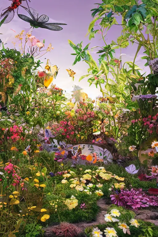 Image similar to super detailed color art, a lot of small garden flowers, A multiverse of insects, spiders and dragonflies, unreal engine, wes anderson color palette, 3d render, colorful, digital art