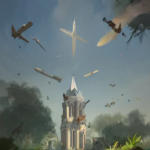 Image similar to paint surrealist 🛩🌿⛪, digital art, greg rutkowski,