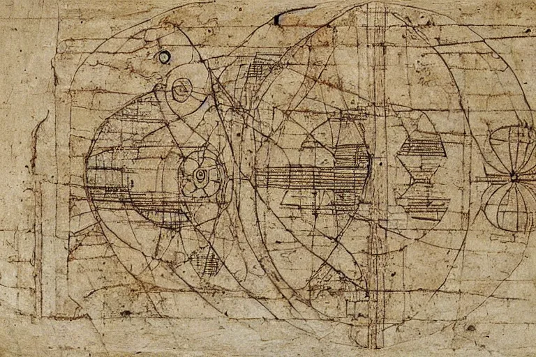 Image similar to ancient technical schematics on parchment by leonardo da vinci of a 9 1 1