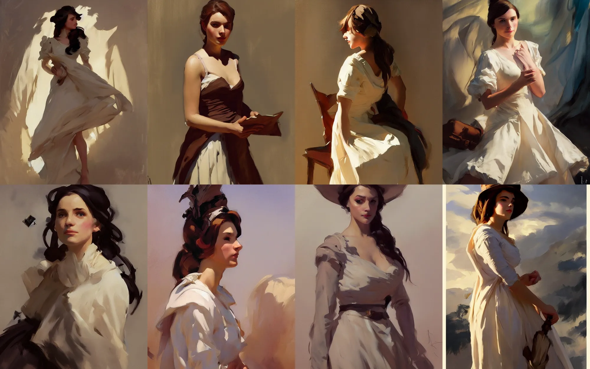 Image similar to portrait of young woman traveler in dress cloth greg manchess painting by by sargent and leyendecker, d & d, fantasy, medium shot, asymmetrical, intricate, elegant, matte painting, illustration, hearthstone, by greg rutkowski, by greg tocchini, by james gilleard, by joe fenton