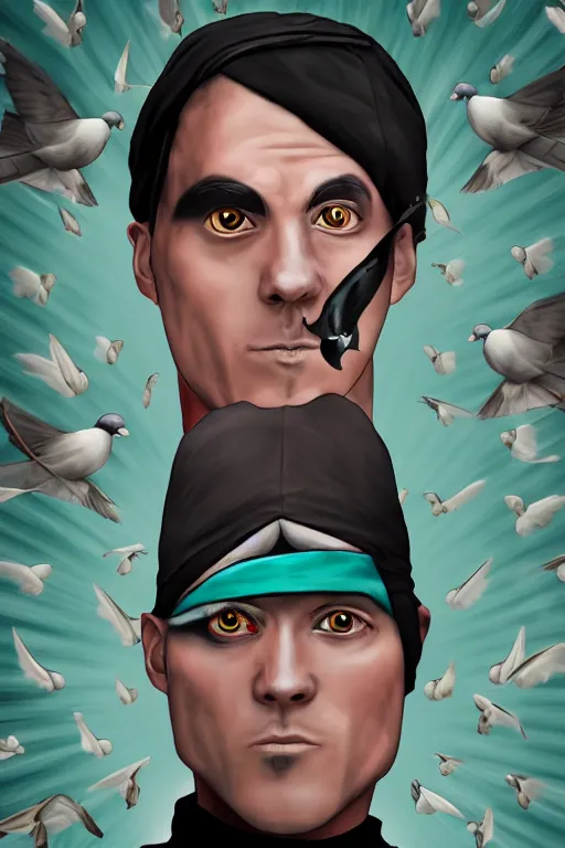 Image similar to a portrait of a pigeon ninja, in the style of david lachapelle